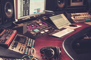 Close-up of boutique recording studio control desk.